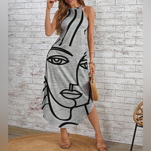 Grey Figure Graphic Curved Hem Dress - Picture 4 of 6
